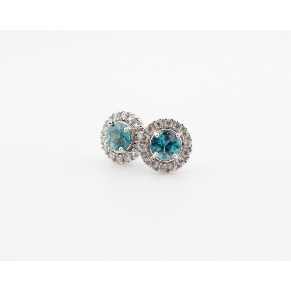 Vintage Style Sterling Silver Genuine Blue & White Zircon Gemstone Halo Earrings